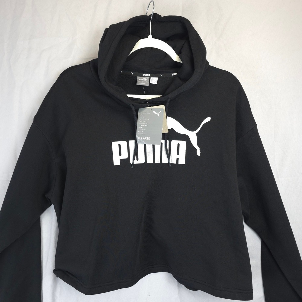 Puma Women L Black Cropped Hoodie Relaxed Fit Logo Pullover Sweatshirt